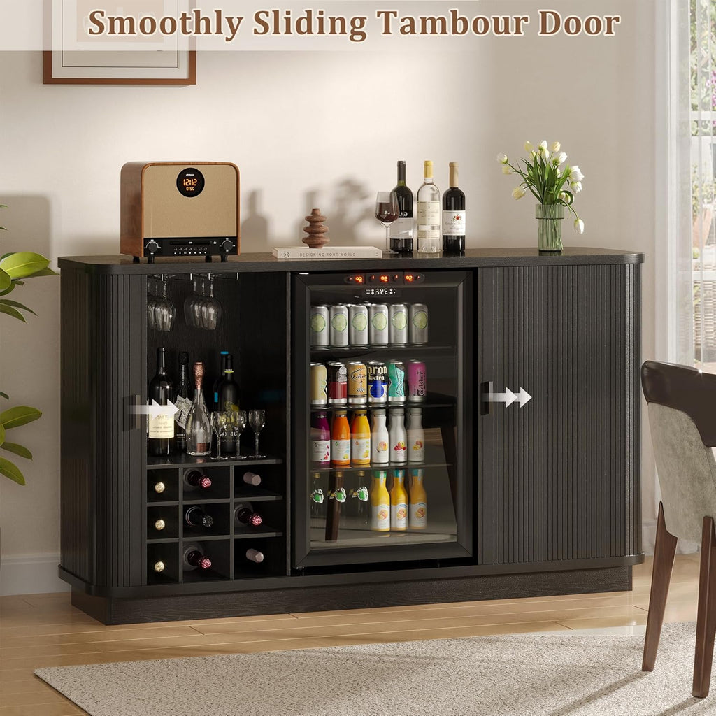 Coffee Bar Cabinet with Fridge Space, Liquor Wine Bar Cabinets with Wine Rack and Glass Holder, Mini Fridge Cabinet