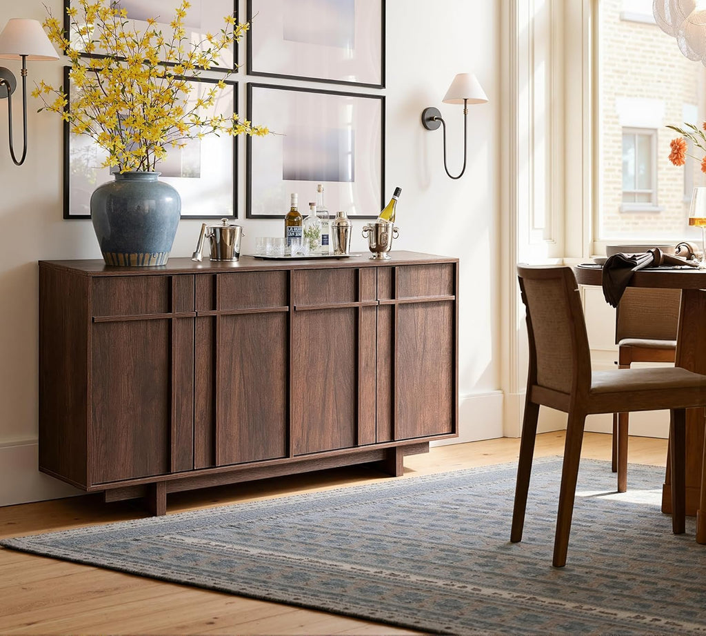 63" Sideboard Buffet Cabinet, Skeleton Lines Design, Walnut | Mid Century Modern Accent Cabinet with Wood Gain