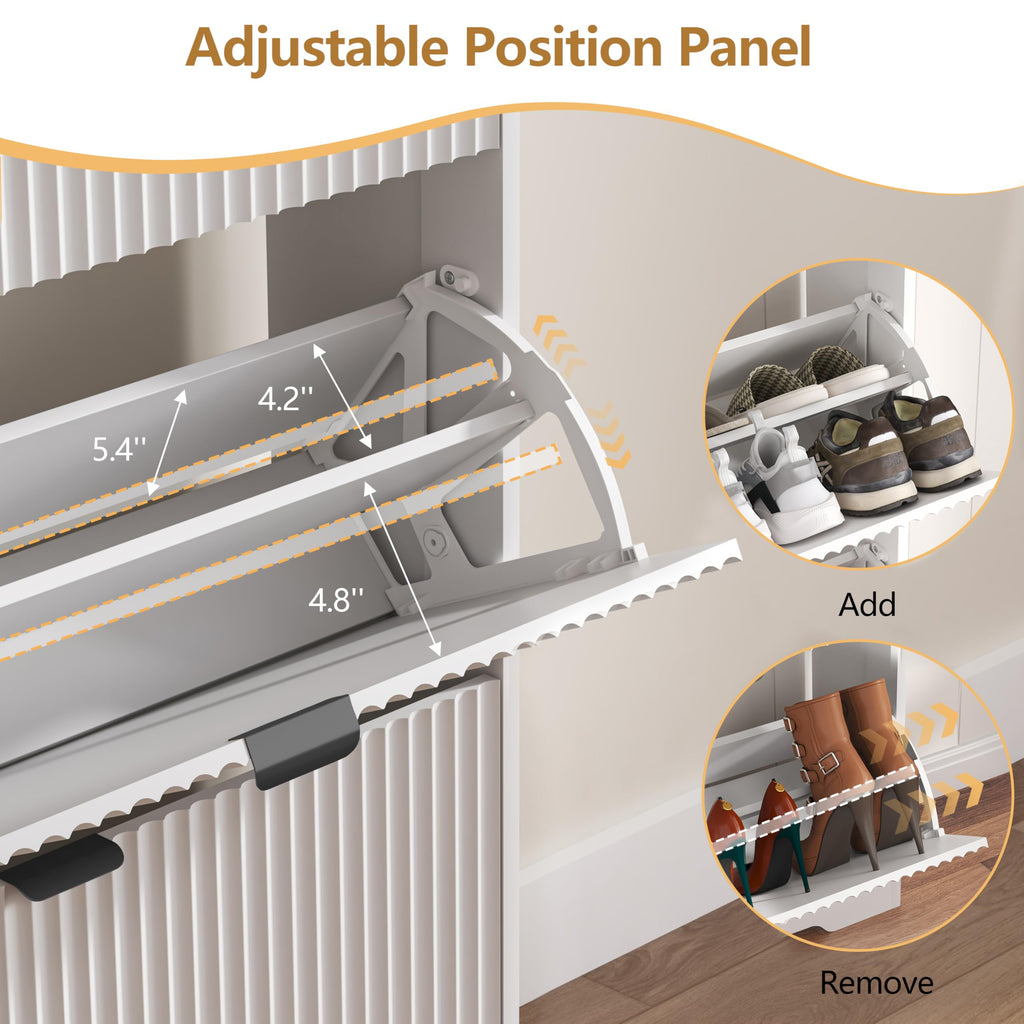 Shoe Cabinet Storage with 2 Flip Drawers, White Fluted Shoe Cabinet with Open Storage, Wooden Hidden Shoe Rack