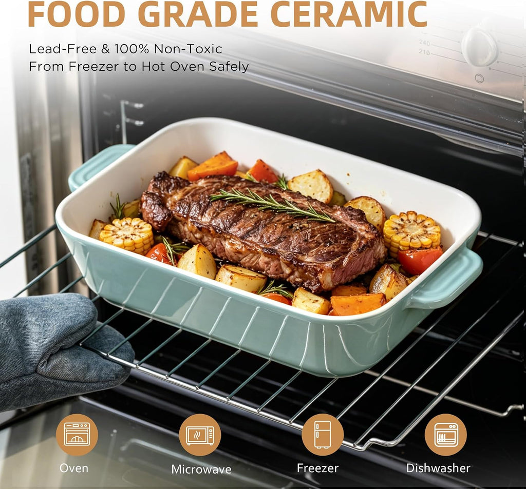 Ceramic Dish Set, 3+1QT Casserole Dish, Lasagna Pan 2Pack | Premium Durable Lead-free Glaze, Elegant Teal Easy clean