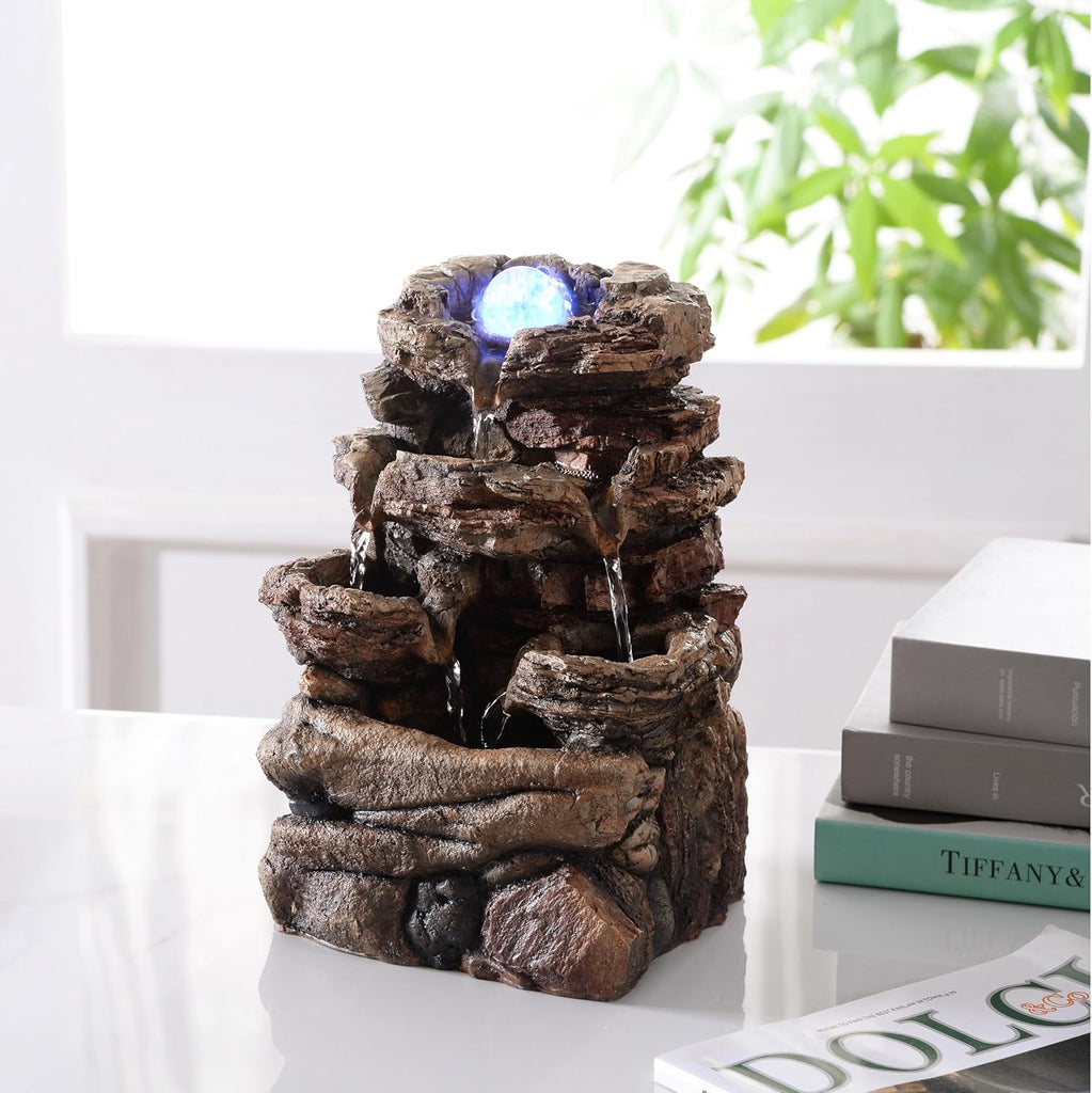 Tabletop Waterfall Fountain with Glass Ball and Color Changing LED - Indoor Decorative Waterfall, Resin Natural