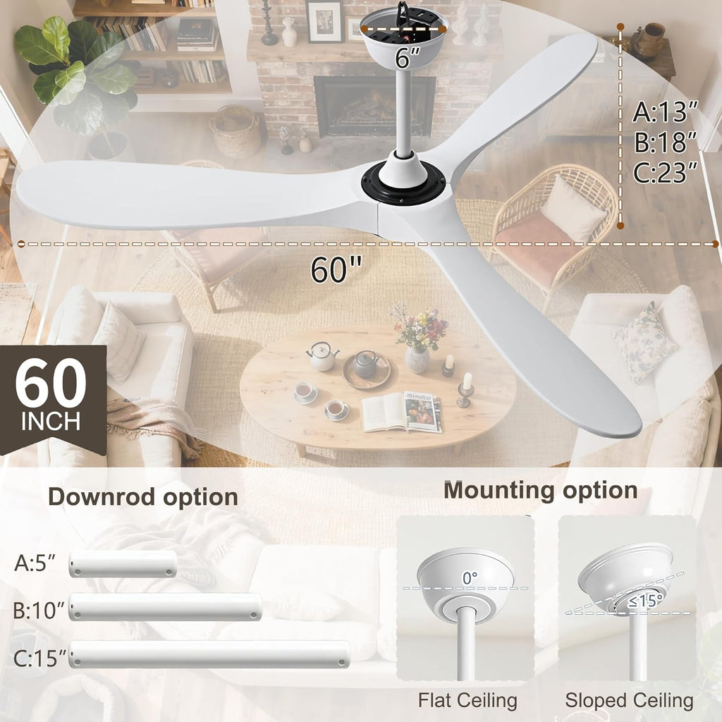 Inspired Maverick Style 60 Inch White Wood Ceiling Fan - 3 Solid Wood Blades, Indoor/Outroom DC Motor Ceiling Fan with Remote Control, 6-Speed Reversible Quiet Operation, Timer Function, No Light, Damp Rated A102-B0CMTJK7L8
