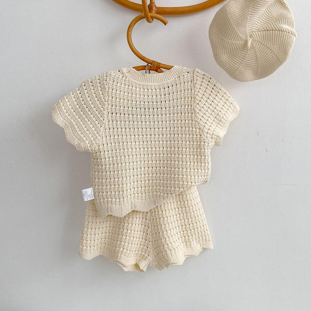 Baby Little Girls Summer Knit 2 Piece Outfit, Toddler Short Sleeve Crochet Top and Shorts Set