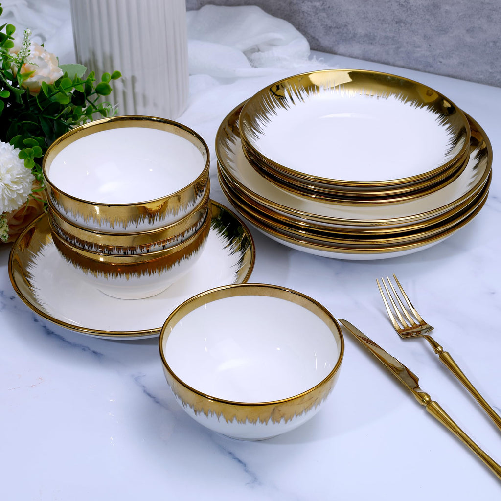 Luxury 12 Piece Porcelain Dinnerware Sets Service for 4, Modern Stoneware Plates and Bowls Sets,Ceramic Dish Set