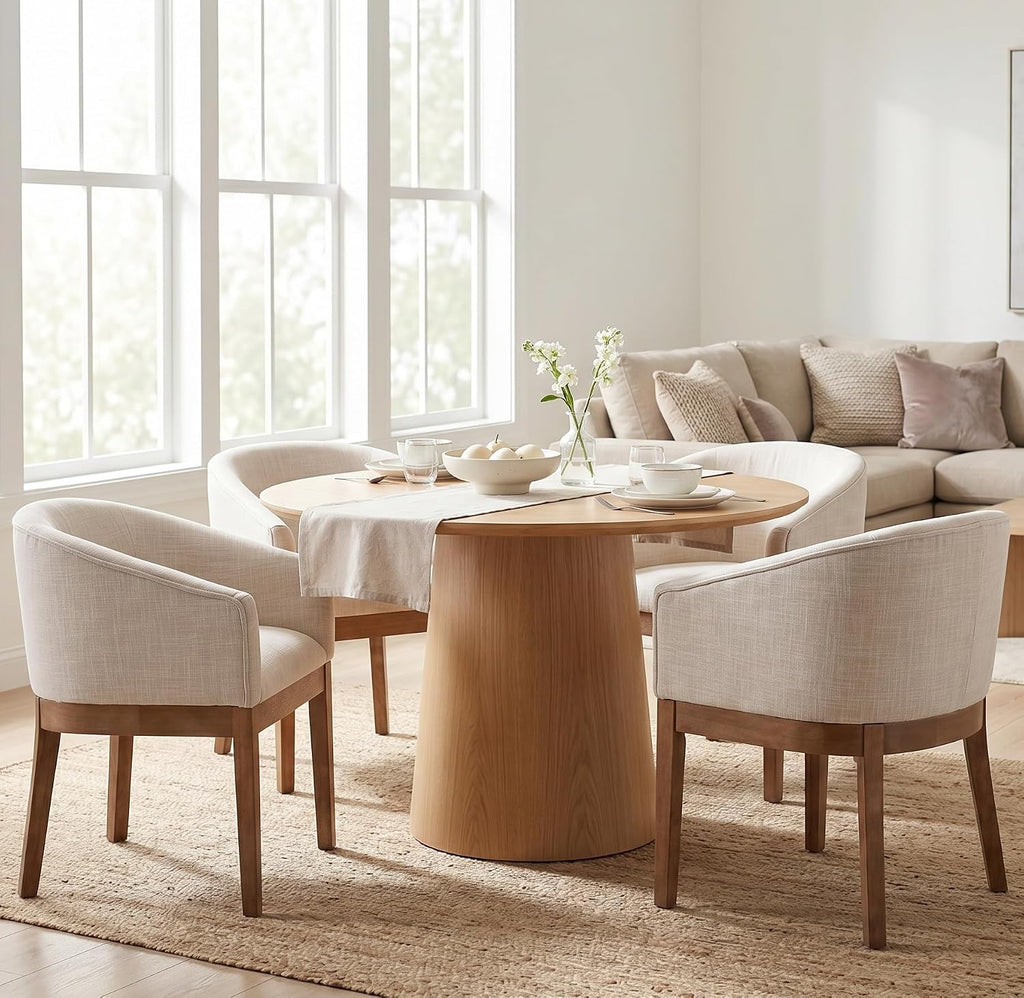 Upholstered Dining Chairs Set of 4 Modern Linen Dining Room Chairs Curved Back Kitchen Chairs with Black Wood Legs