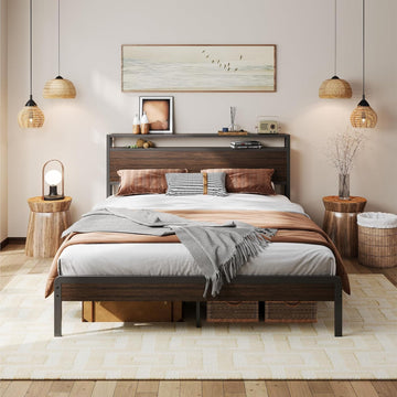 Queen Bed Frame with Headboard, Dark Wood Camas Queen with Strong Supports, Sturdy, Noise-Free, No Box Spring Needed