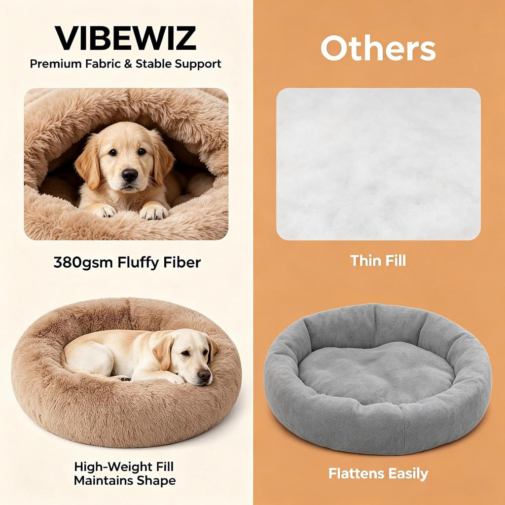 Calming Dog Bed, Washable Donut Cuddler Round Plush, 33ins Camel