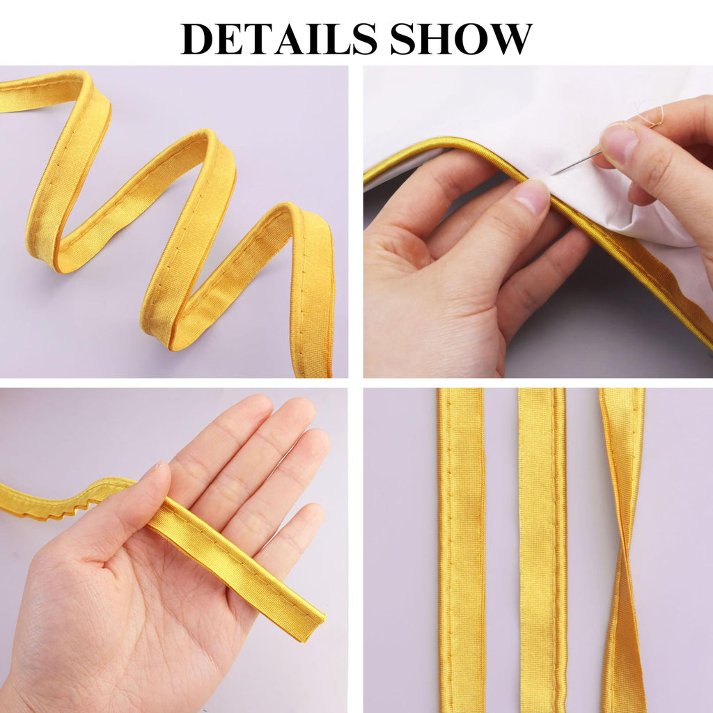 Golden Piping Trim with Cord, 0.5inch Shiny Satin Bias Tape for Sewing - Professional Edge Trim for Pillows - 5 Yards