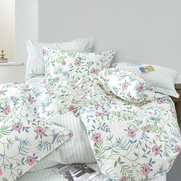 Fresh White & Aqua Botanical Cotton Duvet Cover Set 3PC