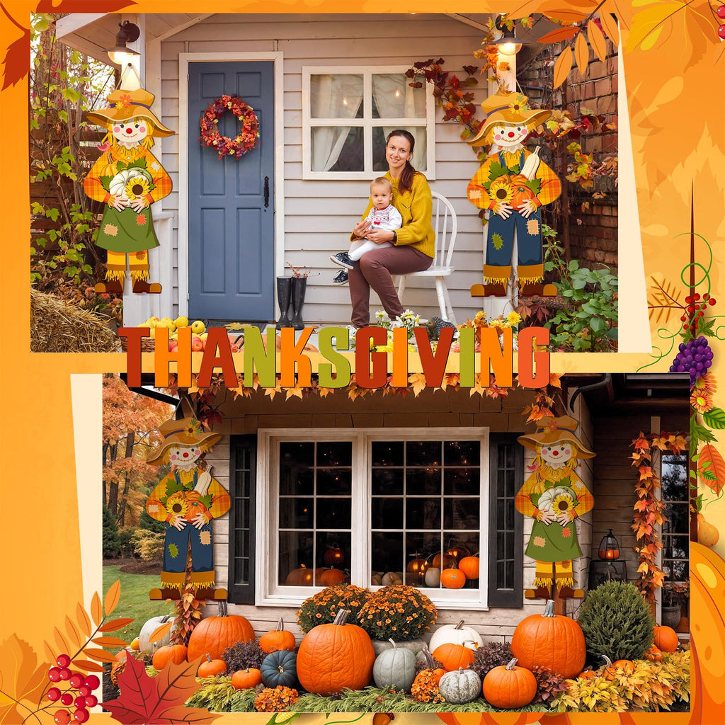 2 Pcs Thanksgiving Scarecrow Door Decor, Fall Welcome Hanging Sign