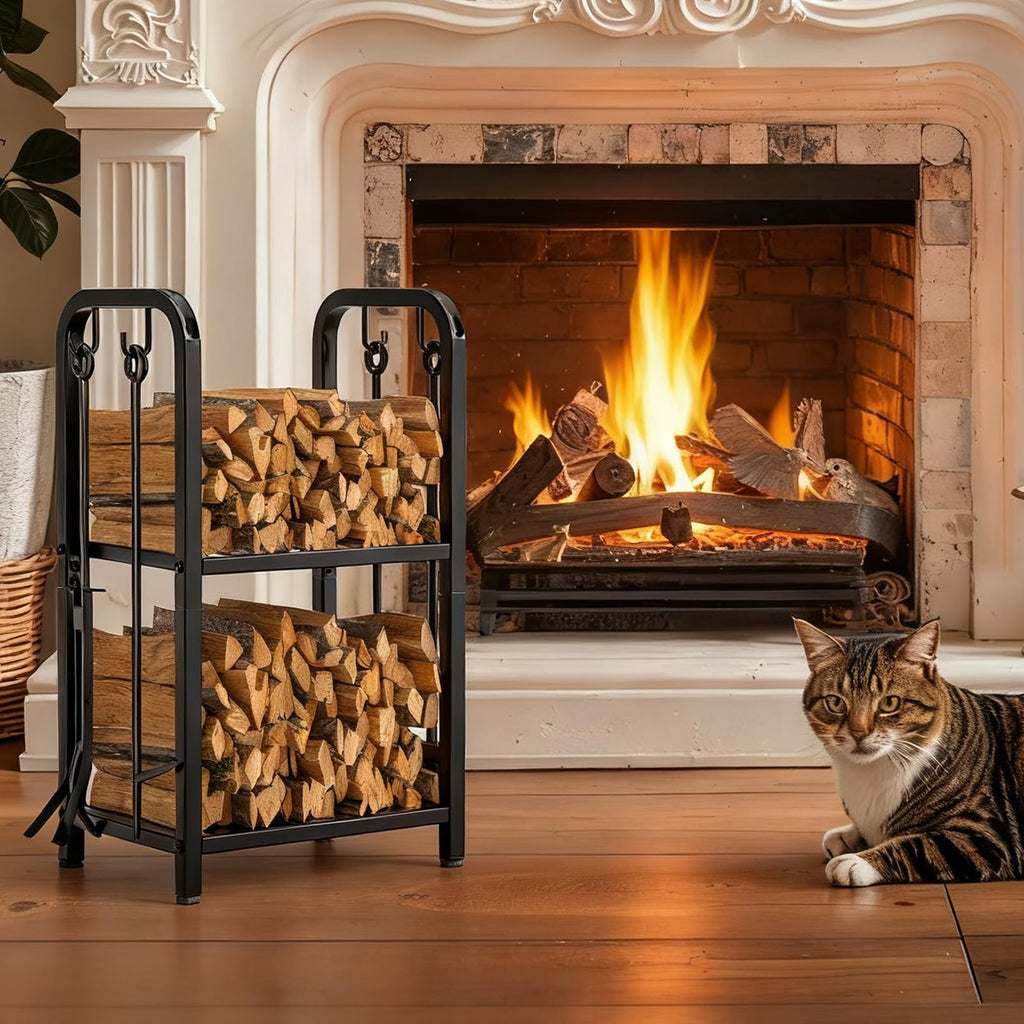 Firewood Rack Indoor with Tools, 2-Tier Firewood Holder Storage