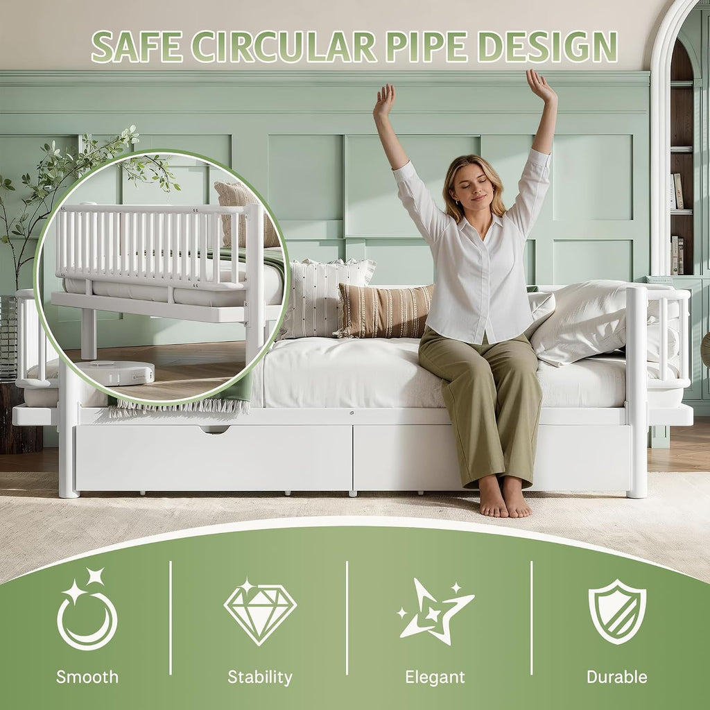 Metal Montessori Bed with Fence and Slats, Montessori Bed with Storage Drawers and Detachable Side Bed