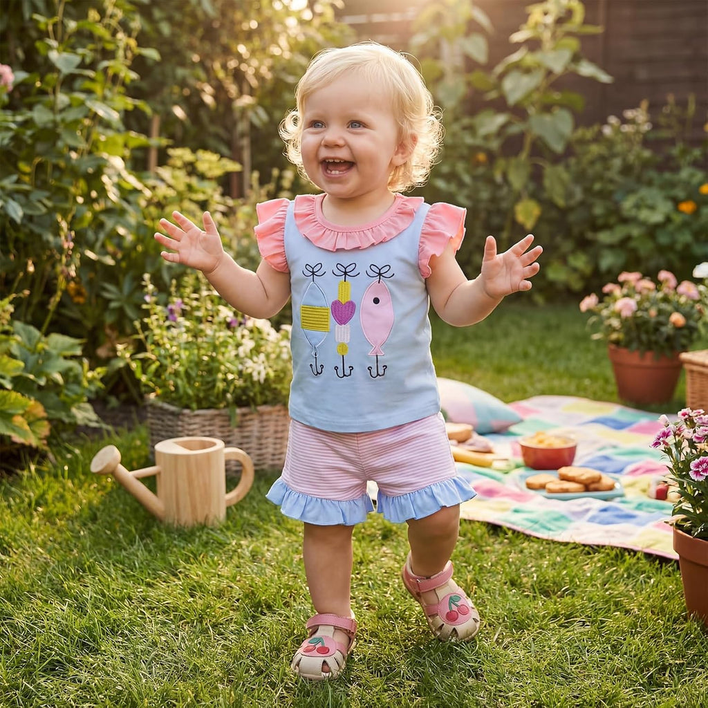 Toddler Baby Girl Fishing Outfit Fish Embroidery T-Shirt Top Striped Ruffle Shorts Set 2Pcs Girls Summer Clothes