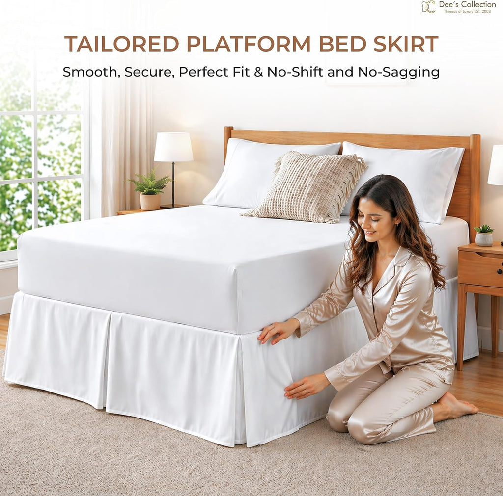 Dee's Collection Queen Size Bed Skirt 15" Drop Hotel Quality Pleated Dust Ruffle with Platform Style Secure Fit