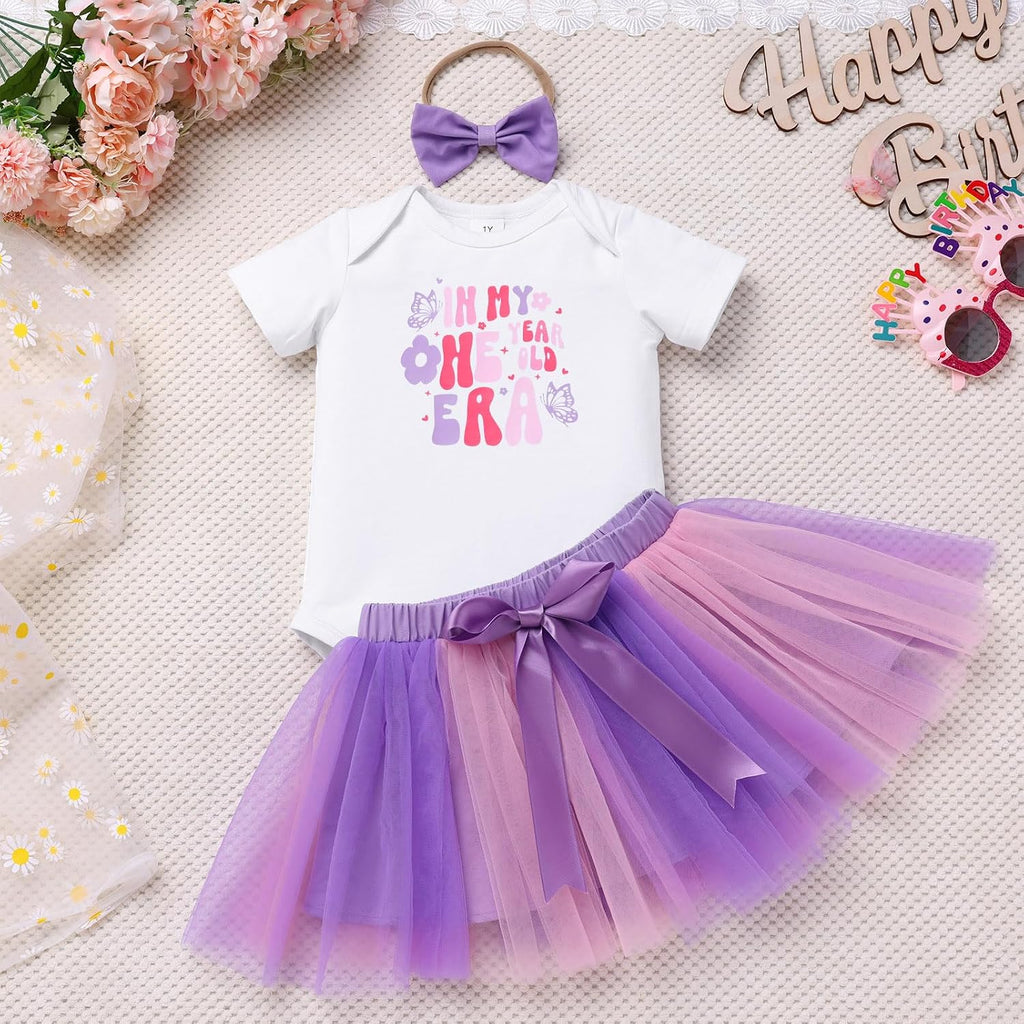 Baby Girl First Birthday Outfit In My One Year Old Era Party Clothes Short Sleeve Romper Tutu Skirt Headband Set