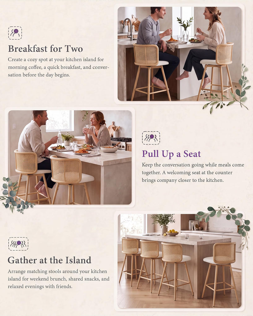 26" Rattan Bar Stools Set of 2, Swivel Counter Height Barstools, White