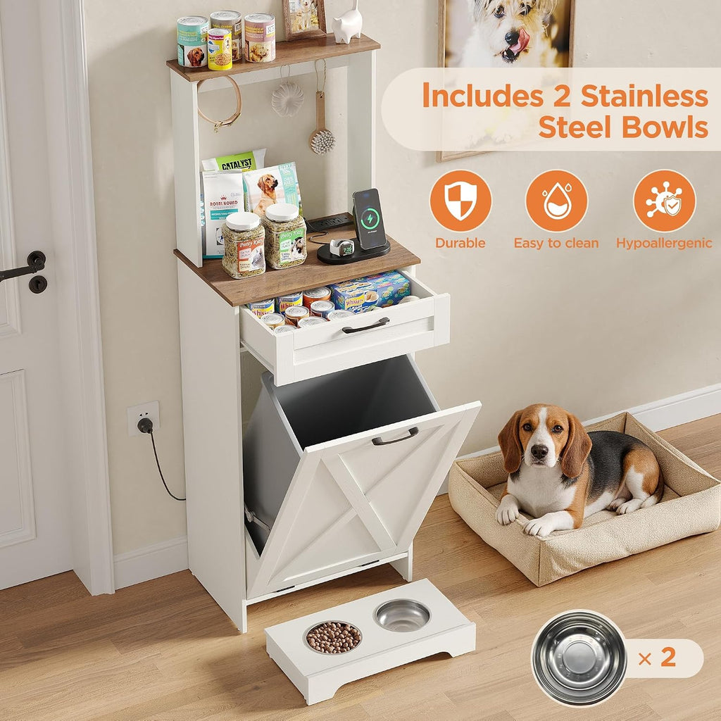 Tilt Out Trash Can Cabinet with Dog Bowl and Drawer, 13 Gallons Hidden Trash Cabinet with Charging Station, Storage