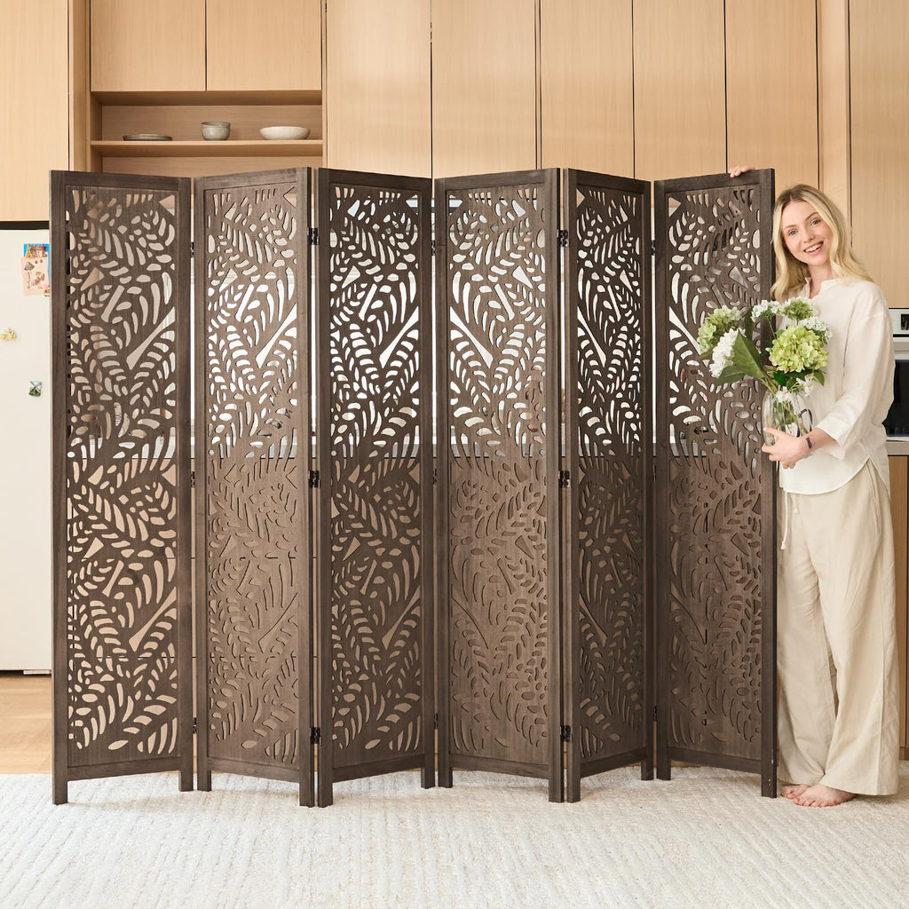 Leaf-Carved Room Divider Privacy Screen - 67 Inch Tall Foading Decorative Wood Screen Dividers Panel - Natural Wood