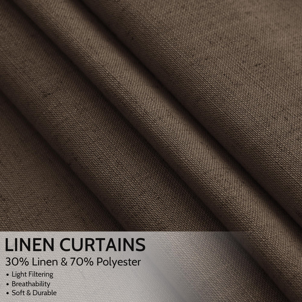 Chocolate Linen Curtains 90 Inch Long 2 Panels Set Living Room, Soft Linen Textured Window Drapes Semi Sheer Light
