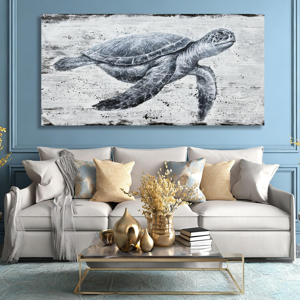 Marine Turtle Canvas Wall Art Coastal Living Room 29x58 Inch