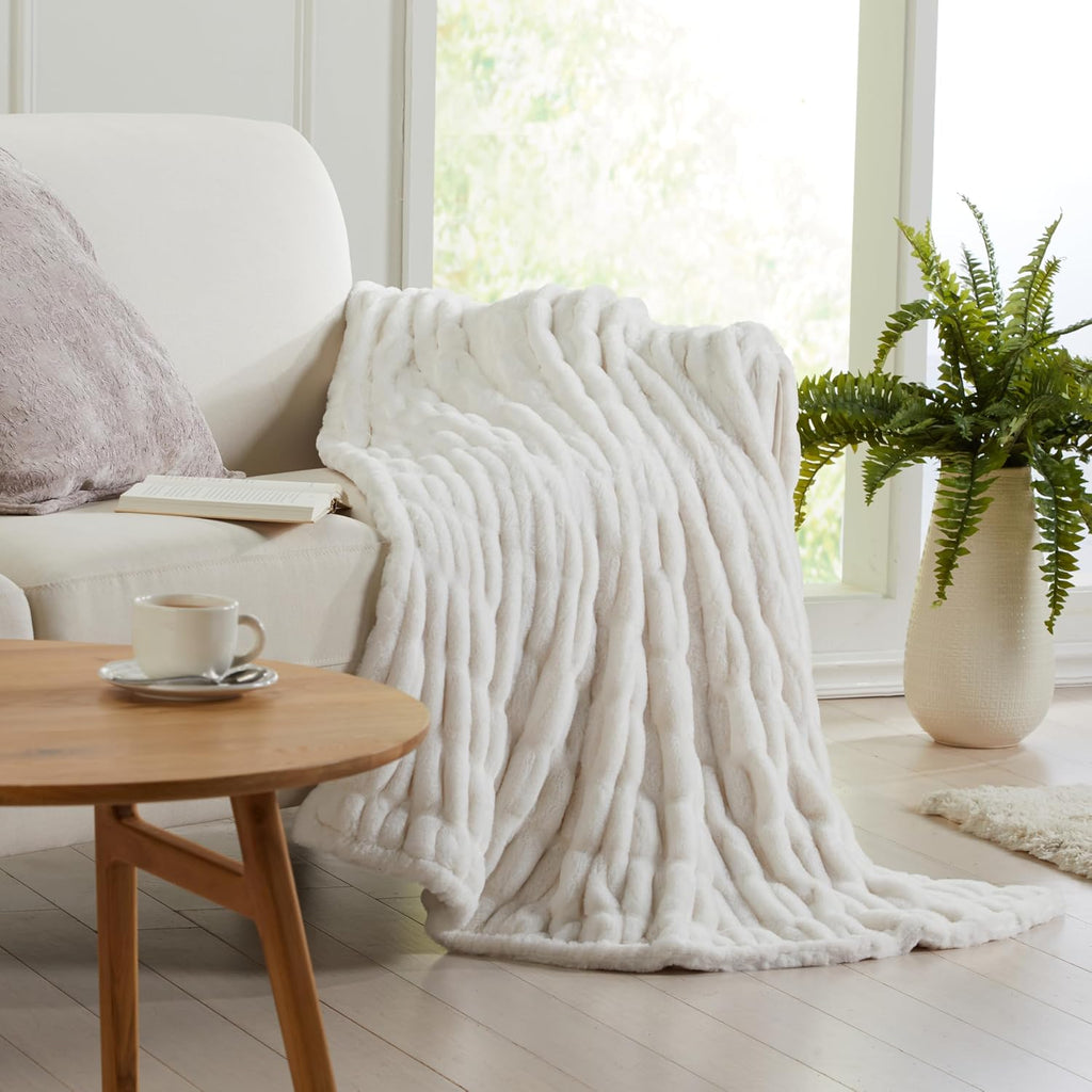 Micro Plush Throw Blanket | Thick Faux Fur | White | Lily Collection | 60" x 70" | White Blanket | Ultra Plush