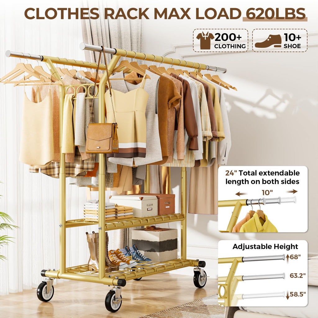 Heavy Duty Clothes Rack, Rolling Clothing Racks With Shelves Load 620 LBS, Double Rod Clothing Racks for Hanging