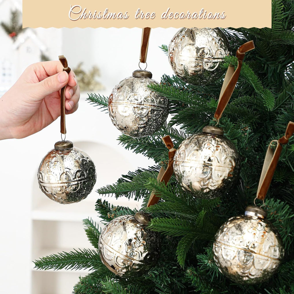 6 Pcs Champagne Gold Mercury Glass Christmas Ornaments, Etched