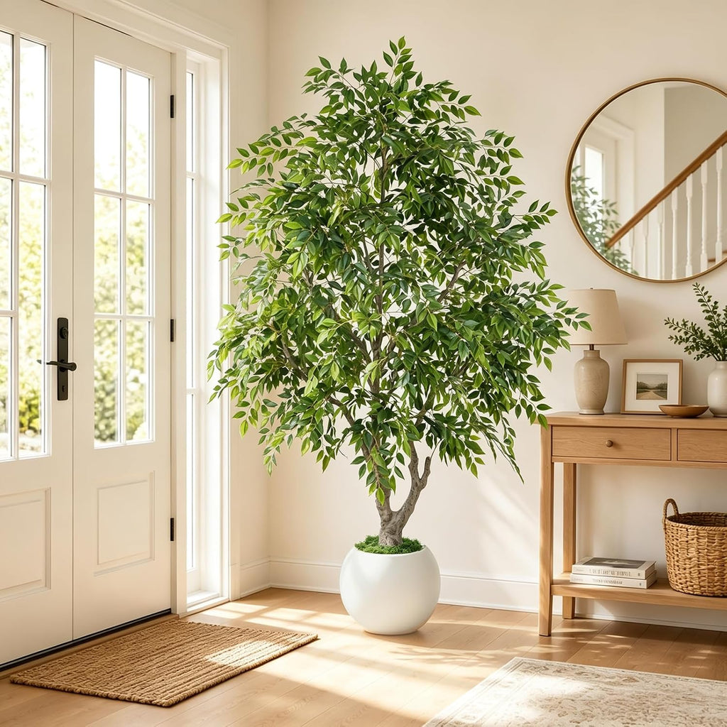 8ft Artificial Ficus Tree with Round White Planter for Indoor Decor
