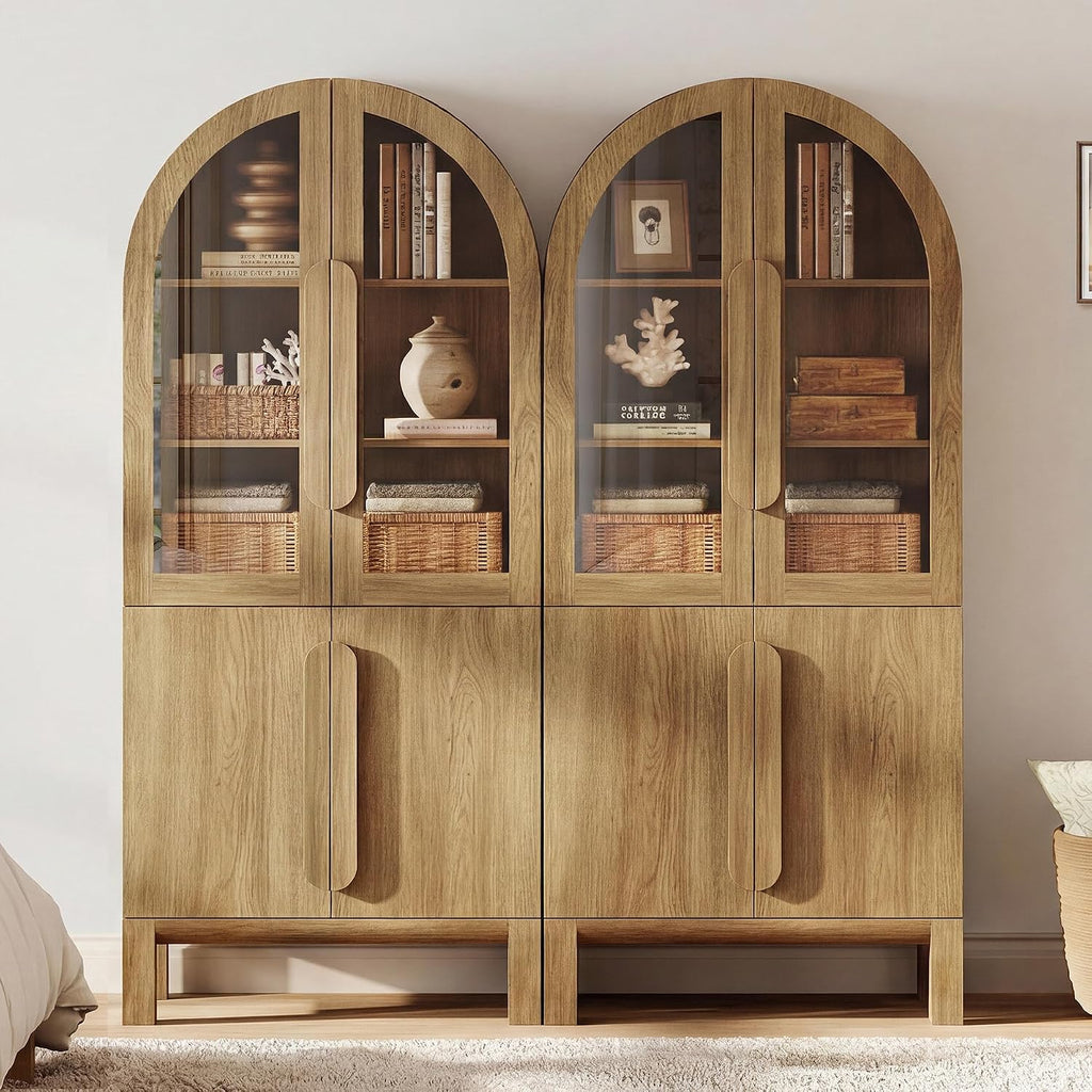 71" Tall Arched Bookshelf, 5 Tiers Bookcase with Glass Doors and Adjustable Shelves, Modern Arched Display Cabinets