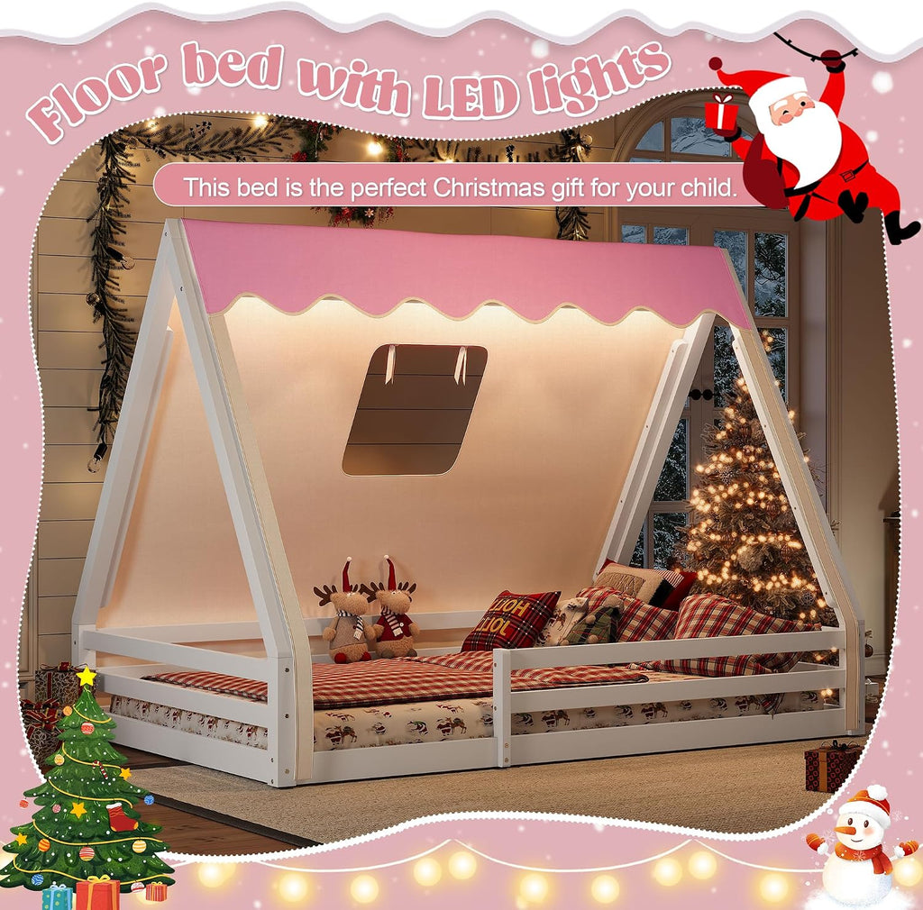 Full Size House Floor Bed with Canopy Tent and LED Lights, Wood Teepee Montessori Floor Beds Frame with Guardrails