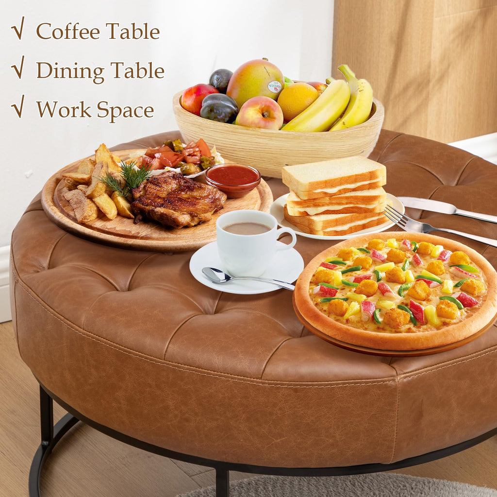 Modern Genuine Leather Round Coffee Table, 30'' Farmhouse Ottoman, Large Vintage Genuine Leather Coffee Tables with
