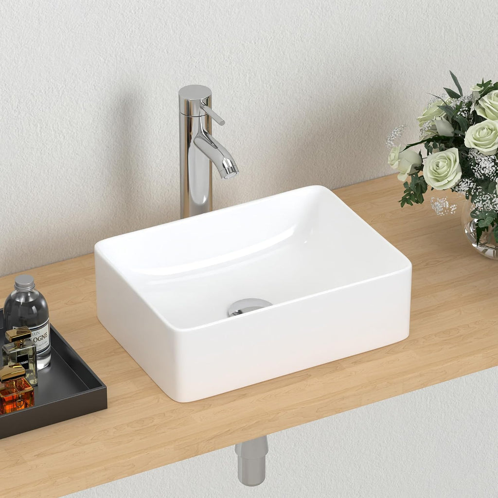 J-FAMILY 14.5'' x 10.6'' Small Vessel Sink Bathroom Above Counter White Porcelain Ceramic Rectangular Sink Bowl Small