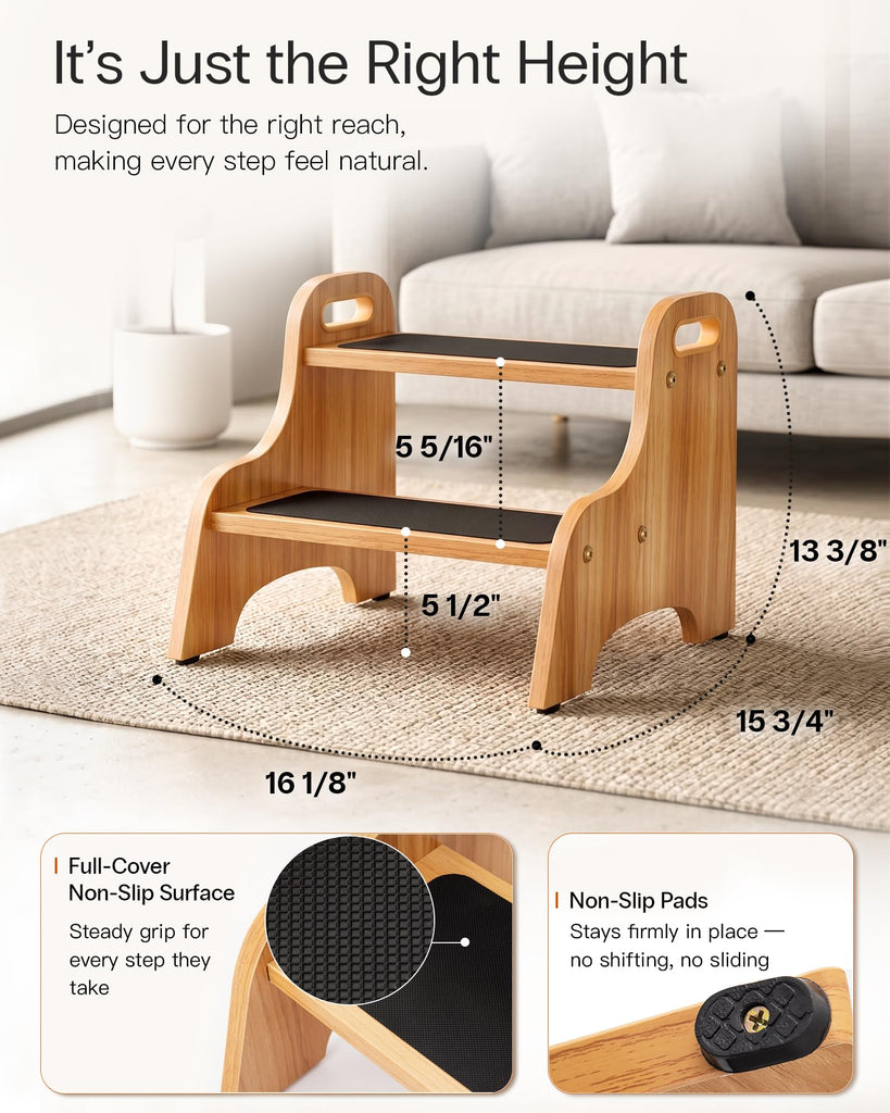 Wooden 2 Step Stool, 350 lb Capacity, Non-Slip, 2 Pack