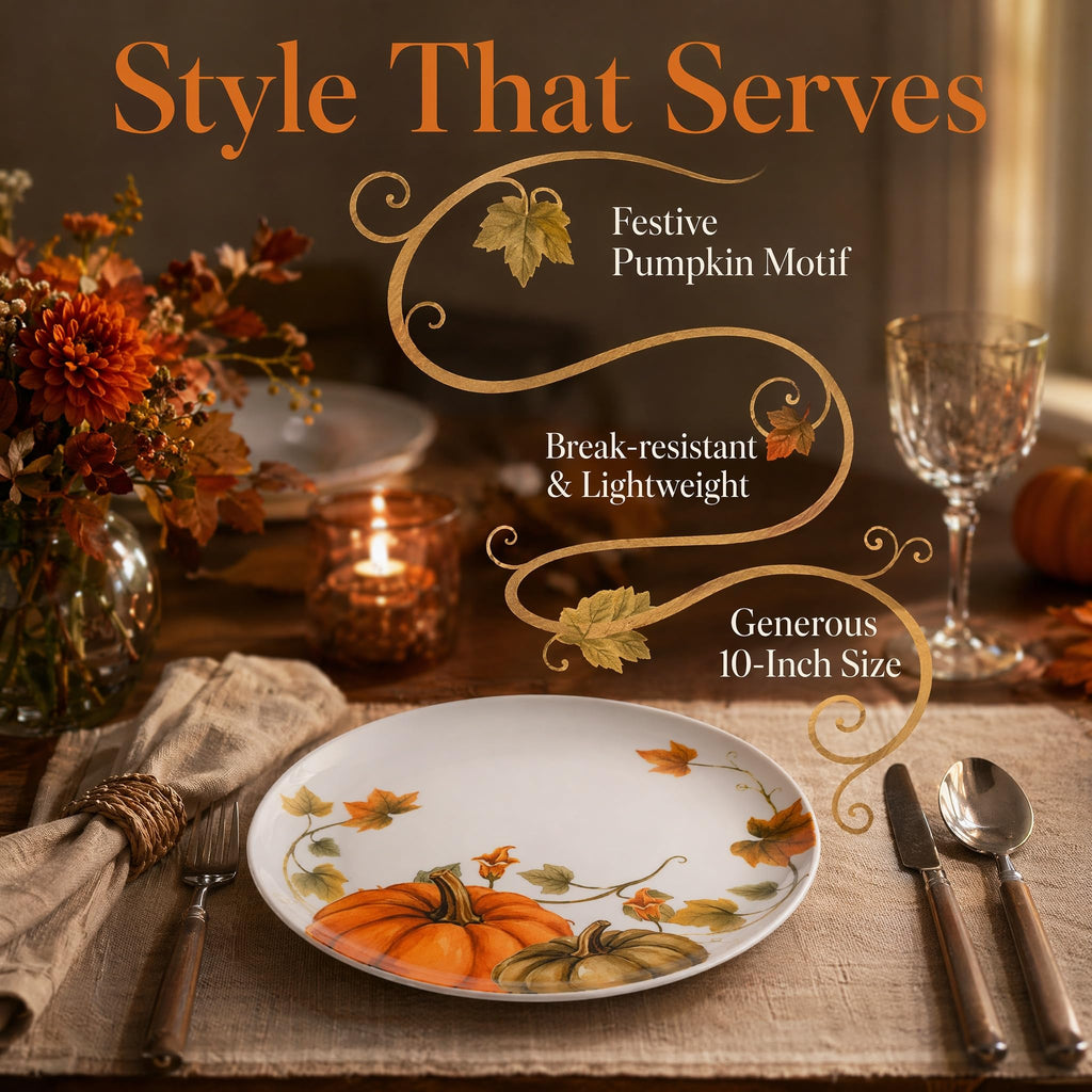10in Melamine Dinner Plates Set 12 - Fall Pumpkin Design for Outdoor