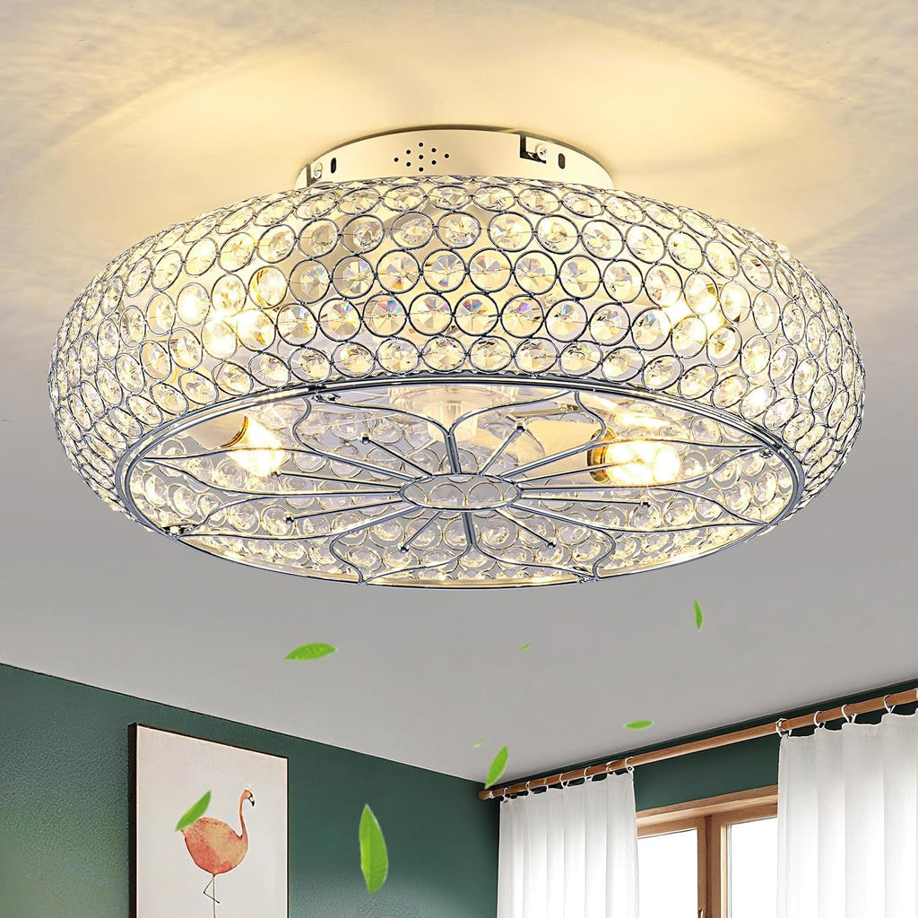 Caged Crystal Ceiling Fans with Lights and Remote,20" Flush Mount Low Profile Ceiling Fan with Light
