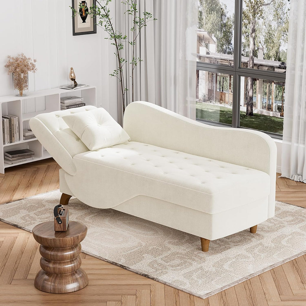 Indoor Velvet Chaise Lounge Chair with Storage , Beige White | Reading chair chaise sleeper sofa bed with pillow, 3
