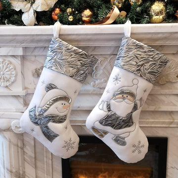 Classic White Silvery Christmas Stockings Santa, Snowman Xmas Character Fireplace Hanging Stockings 17 - Set of 2