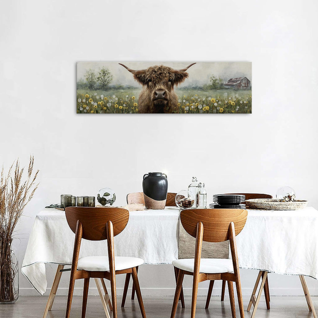 Farmhouse Highland Cow Wall Art Abstract Country Dandelion Picture Barn Longhorn Cattle Wall Decor Western Flower