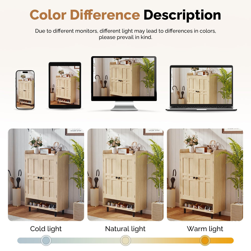 Farmhouse Shoe Cabinet with Doors, 6-Tier Wooden Shoe Organizer with Adjustable Shelves, Entryway Storage Cabinet
