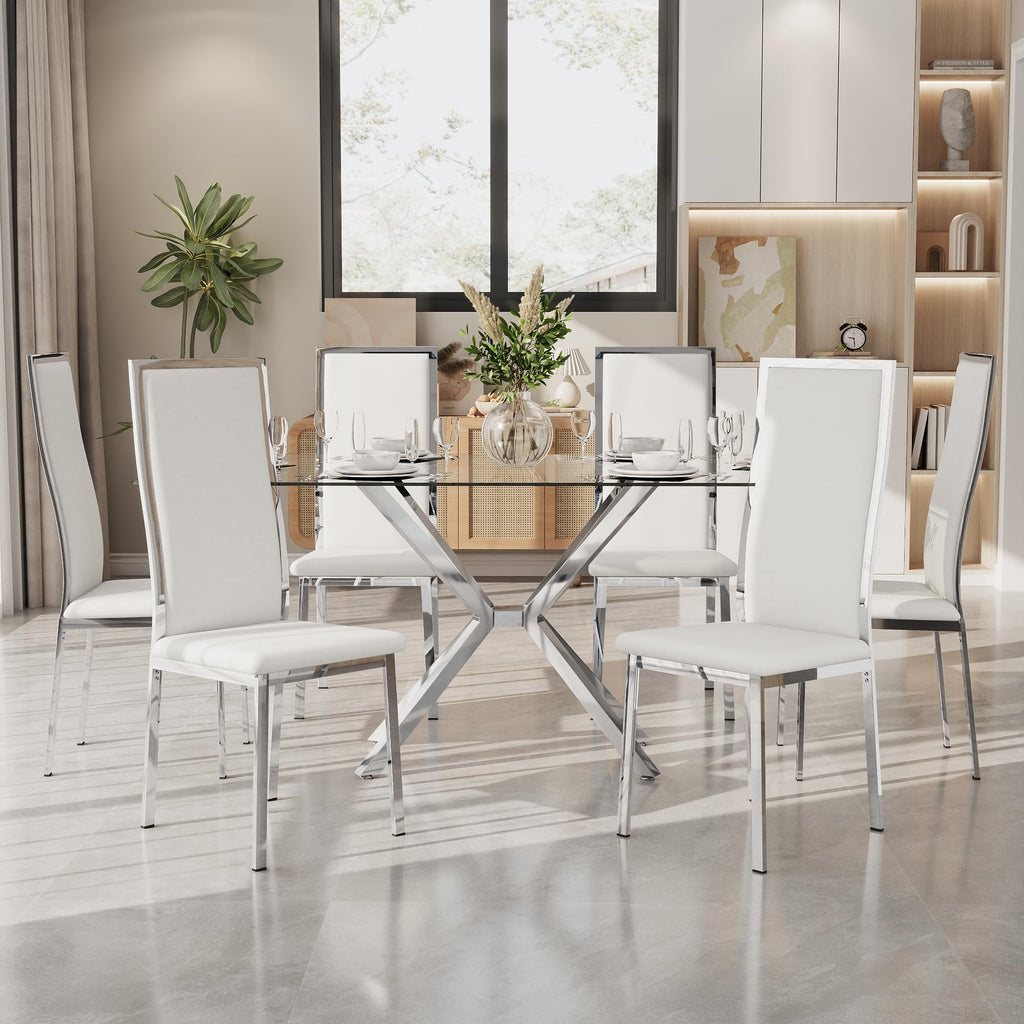 Modern Rectangular Glass Dining Table Set of 6, 47'' Minimalism Kitchen Table with 6 White Silver PU Leather High