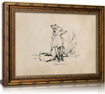 Vintage Gold Framed Canvas Wall Art Fox Sketch Beige Painting Picture Wall Decor Rustic Neutral Wildlife Poster Print