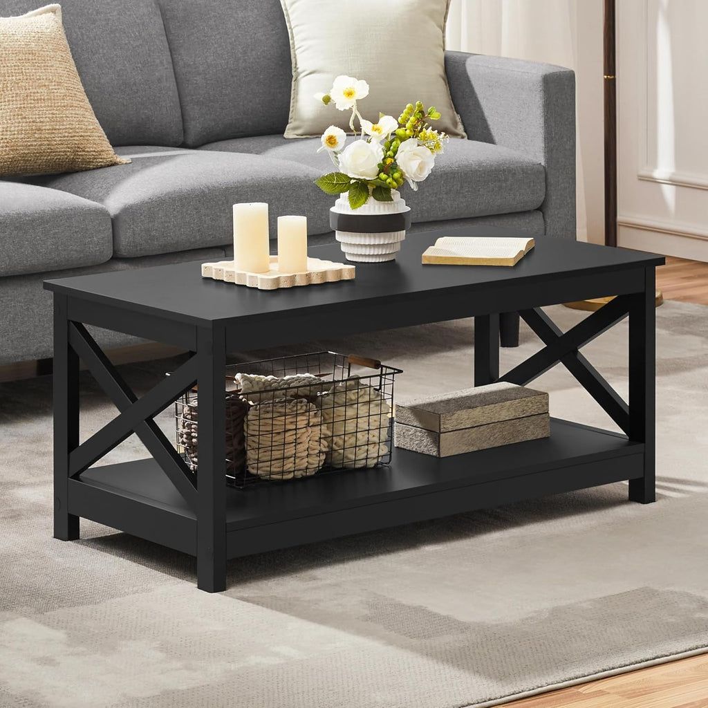 Wood 2-Tier Black Coffee Table with Storage Shelf, X Design Accent Cocktail Table, Easy Assembly Home Furniture