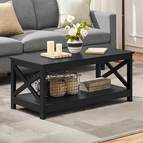 Wood 2-Tier Black Coffee Table with Storage Shelf, X Design Accent Cocktail Table, Easy Assembly Home Furniture