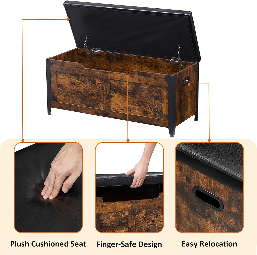 39.4" Storage Bench with 2 Safety Hinges, Rustic Brown | Retro Wooden Storage Chest, Loads 300 lb, Easy Assembly