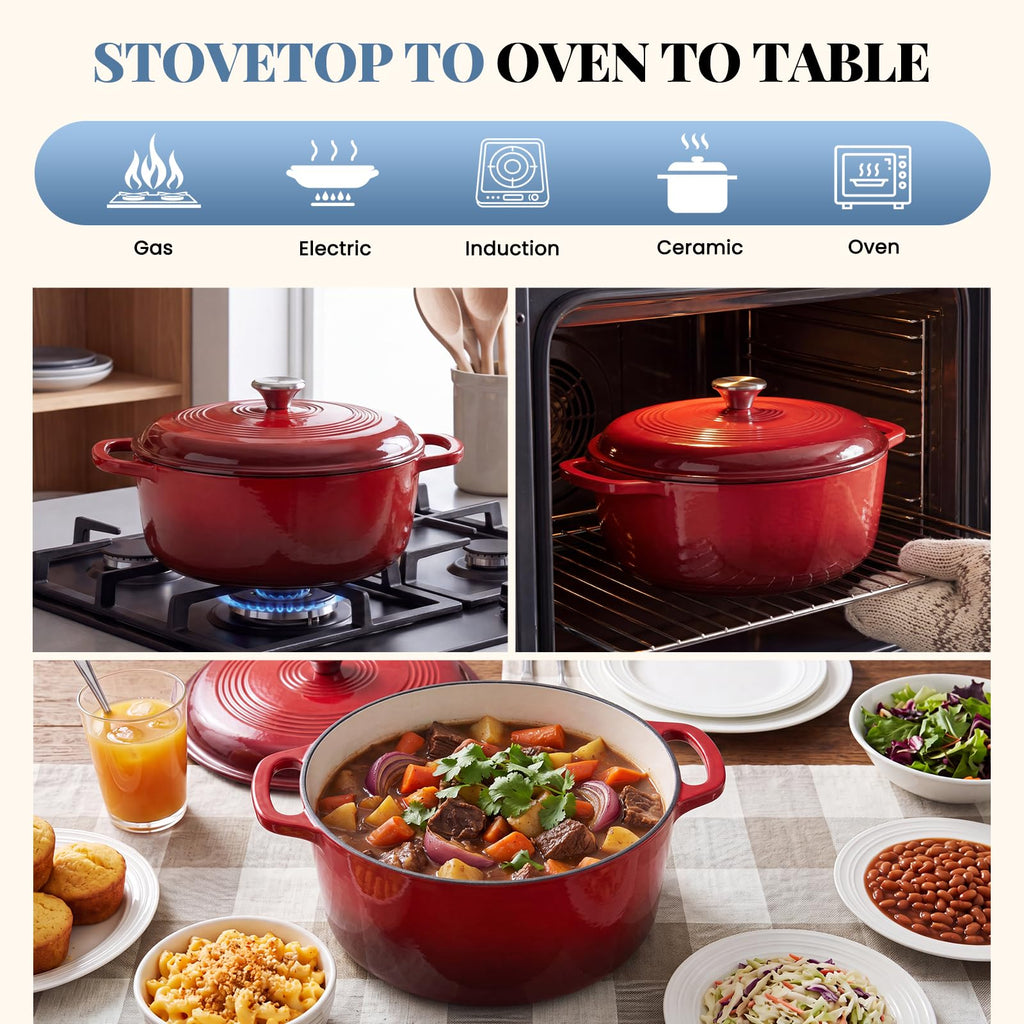 Enamel Cast Iron Dutch Oven, 6 Quart Pot with Lid, Gradient Red