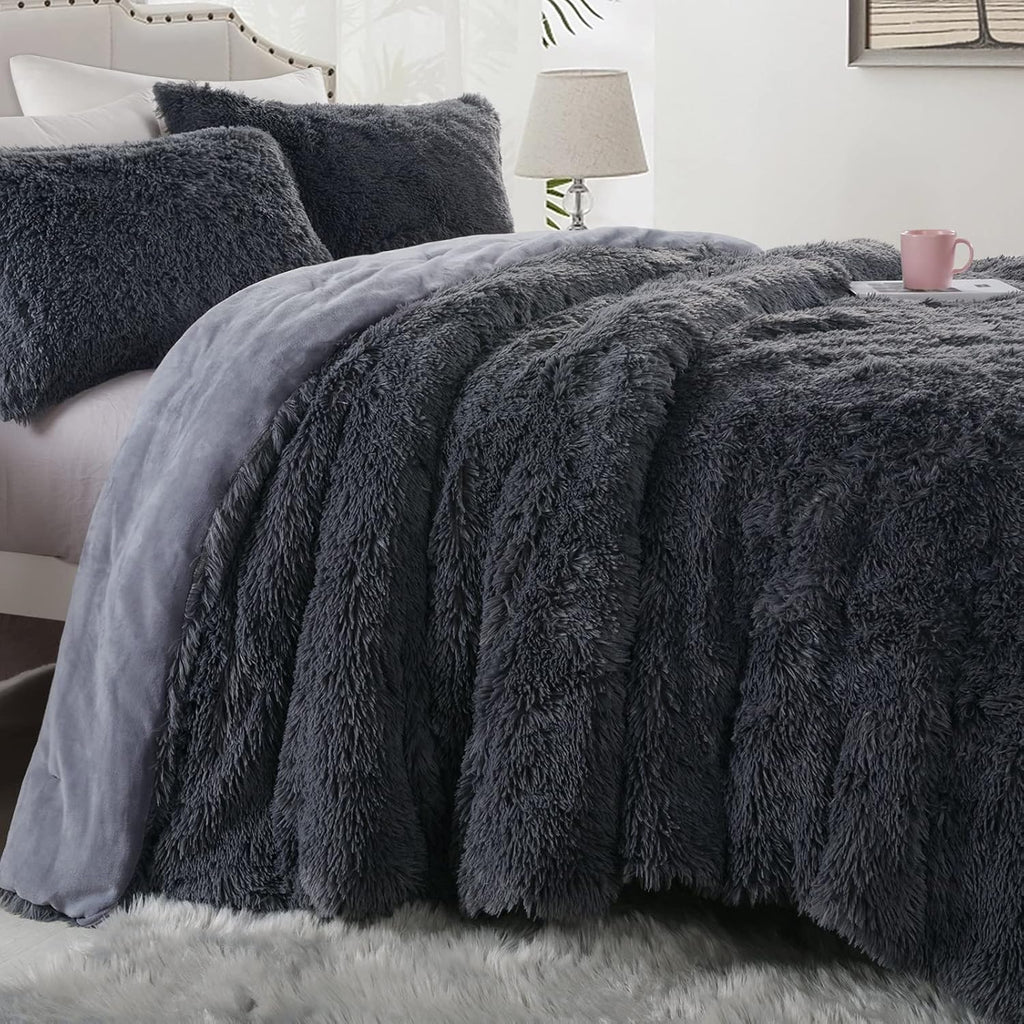 Oversized King Faux Fur Fluffy Comforter Set 120x120, 3 Piece Shaggy Plush Velvet Bedding Thick Comforter with Shams
