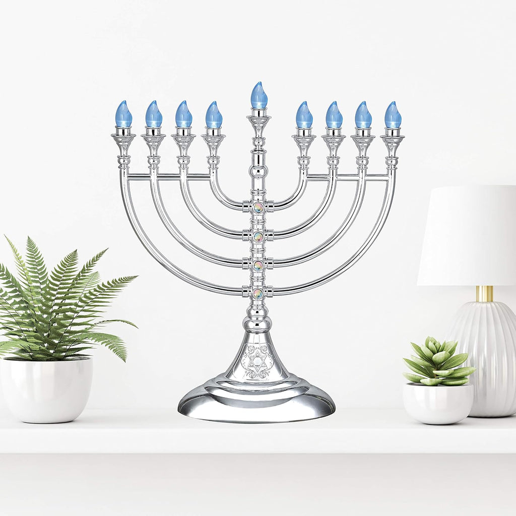 Traditional LED 13" Metallic Silver Battery or USB Powered Chanukiah with 4' USB Cable Electronic Chanukah Minorah
