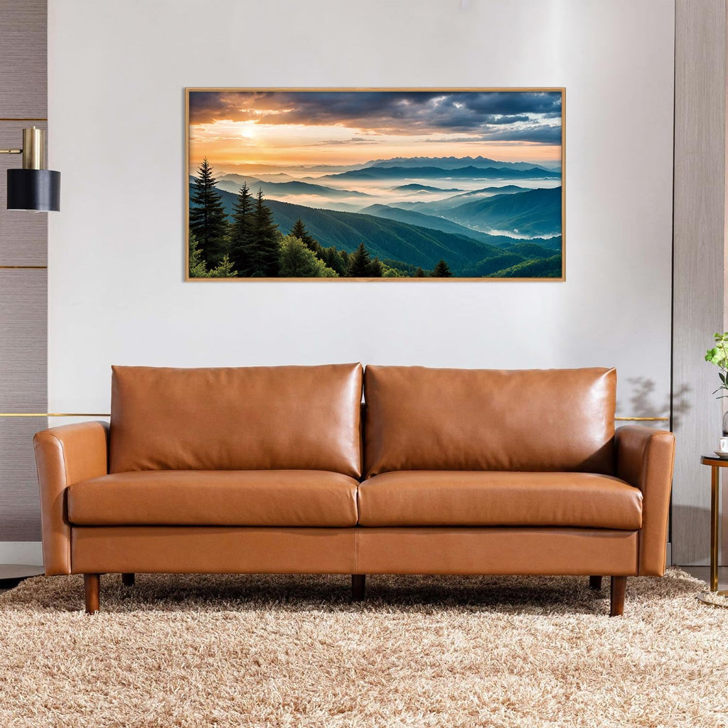 Large Nature Mountain Sunrise Framed Canvas Wall Art, Modern Misty Tree Wall Decor, Boho Forest Green Landscape