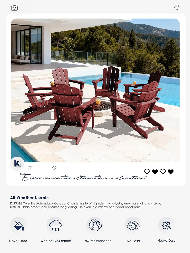 Folding Adirondack Chair Set of 4 with Cup Holder, Red | HDPE All-Weather Patio Chairs, Wooden Textured Lawn Chair