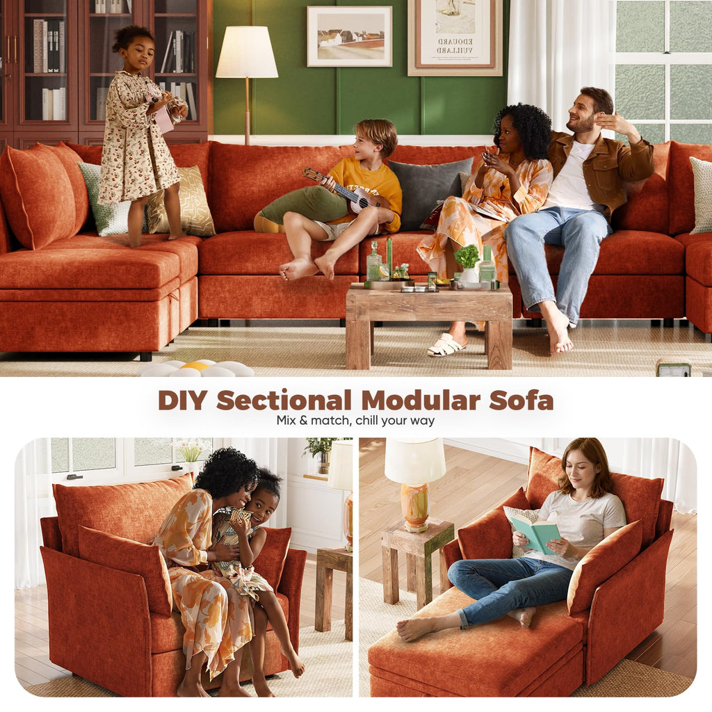 Oversized Loveseat Sofa, Modern Modular Sectional Couch Terracotta Orange Fluffy Chenille Mid Century 2-Seat 24.5"